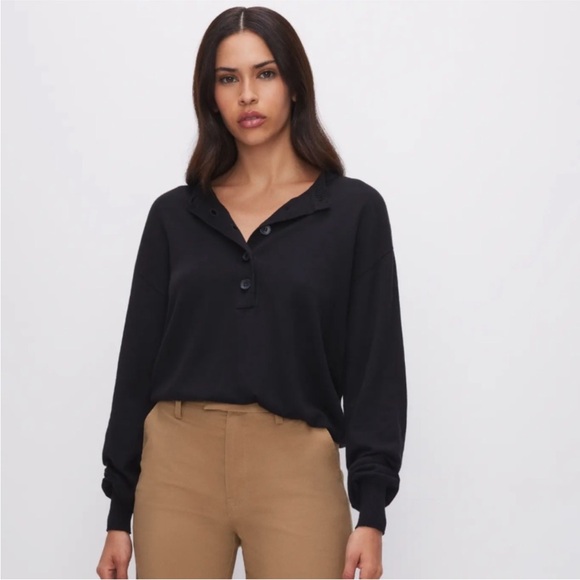 Good American Tissue Weight Cotton Blend Henley Sweater Black NWT L/ XL - Picture 1 of 5
